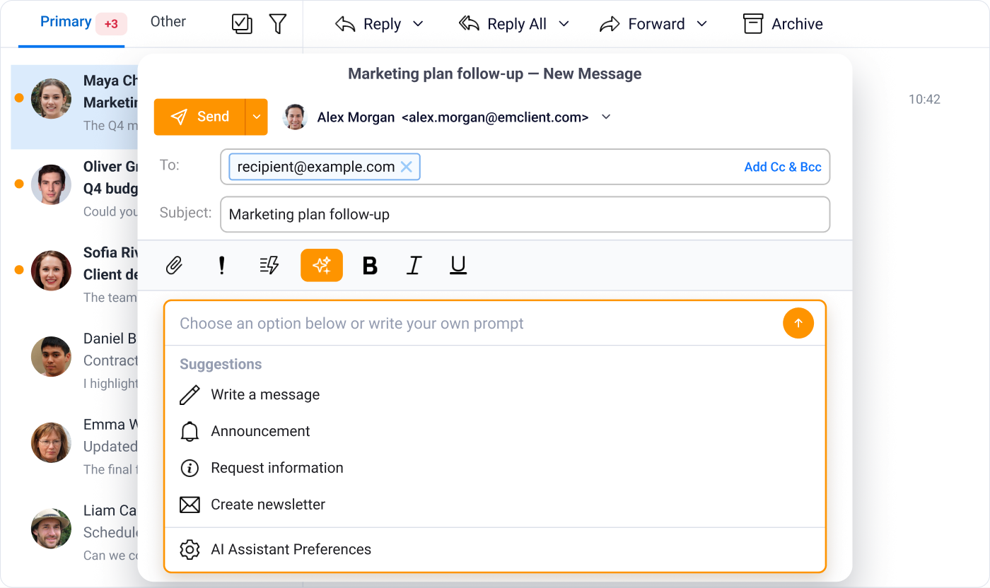 eM Client: Assistente di scrittura AI