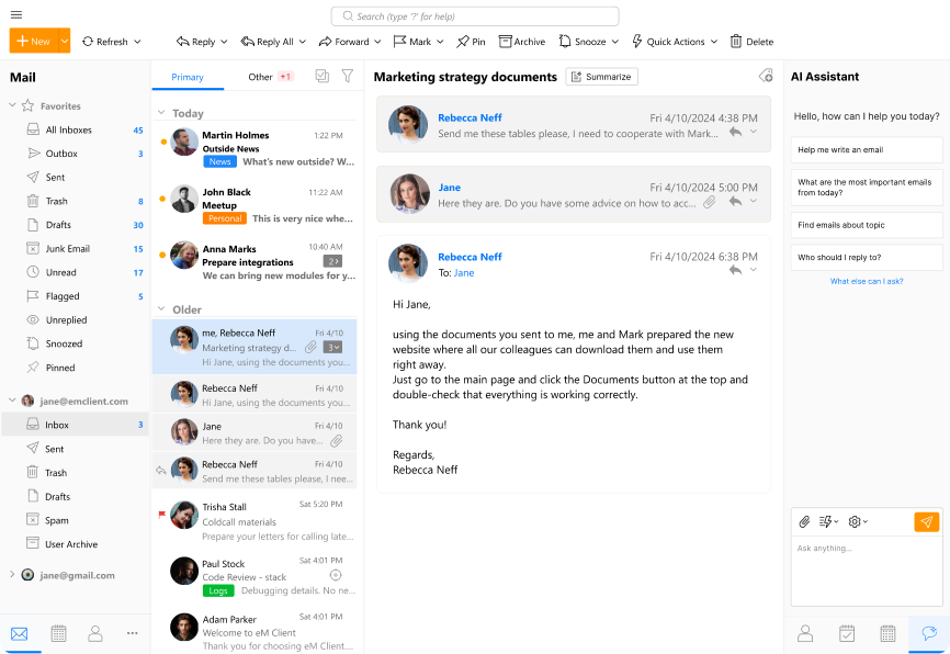 Interfaccia desktop di eM Client